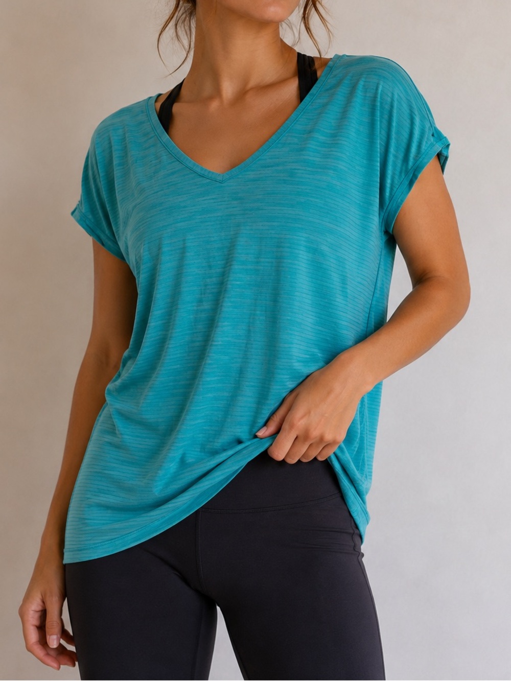 Lululemon V Neck Athletic Top Teal Ruched Short Sleeve Activewear Athleisure